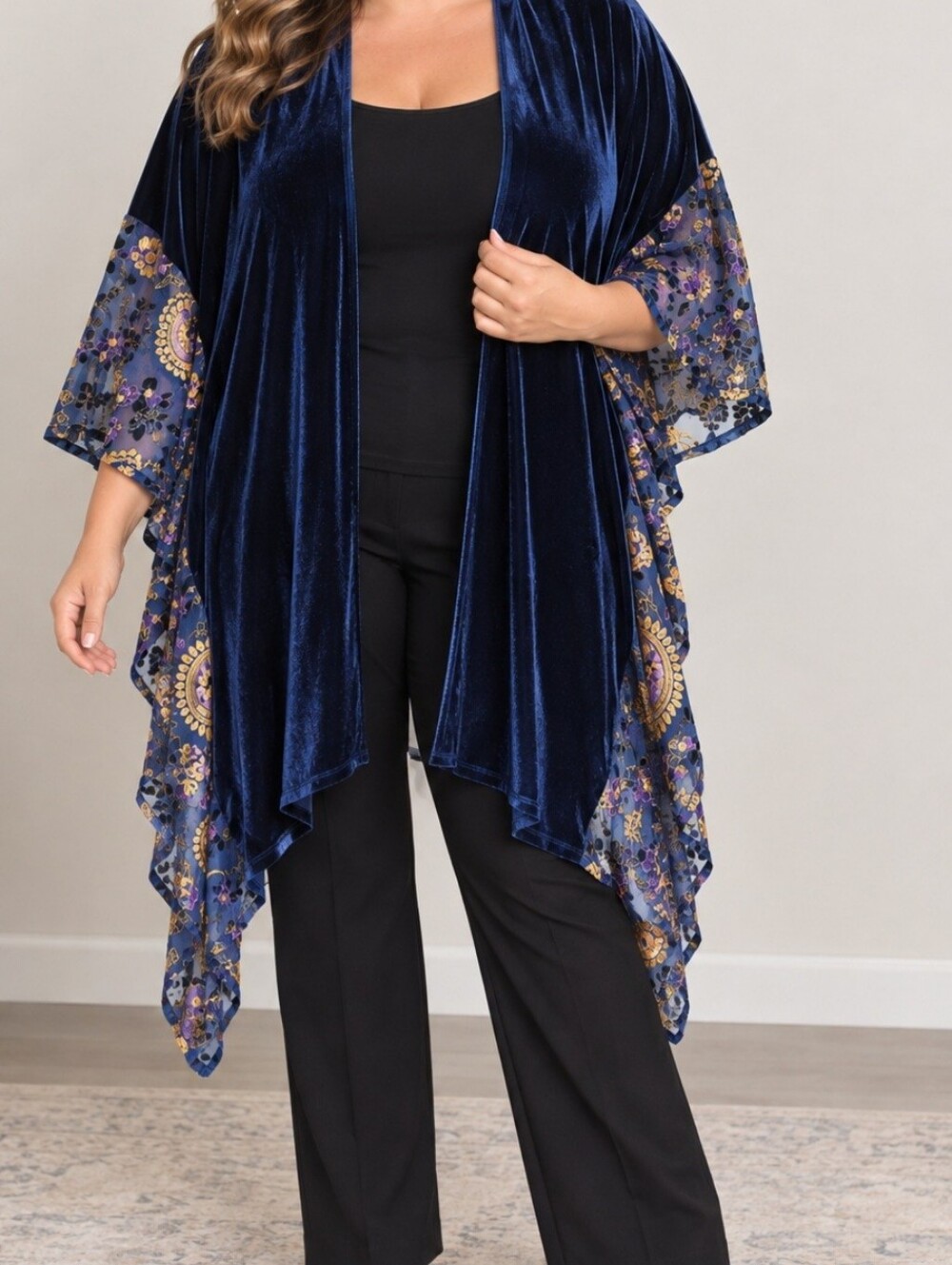 Do Everything in Love Navy Velvet Sheer Floral Burnout Kimono Cardigan OS